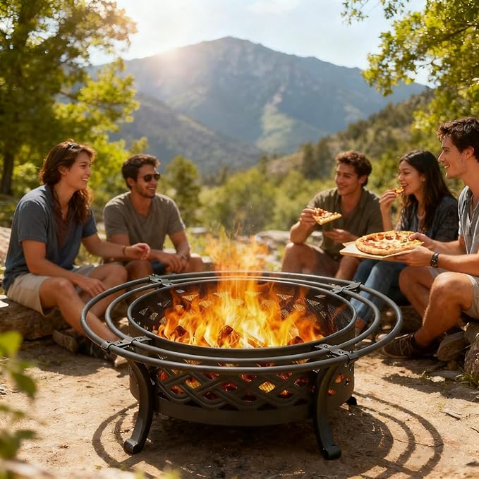 36 Inch Fire Pit with 2 Loops,Crossweave Wood Burning Fire Pits for Outside,with Spark Screen,Fire Poker,Round Outdoor Firepit for Patio,Yard,Garden,Camping,Bonfire(36''Black)