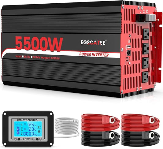 5500W Power Inverter 12V DC to 120V AC Converter for Truck, Home, RV, Peak 11000W Off-Grid Solar Power Inverter with 4 AC Outlets, USB Port,Type-C Port, Remote Controller with LCD Screen