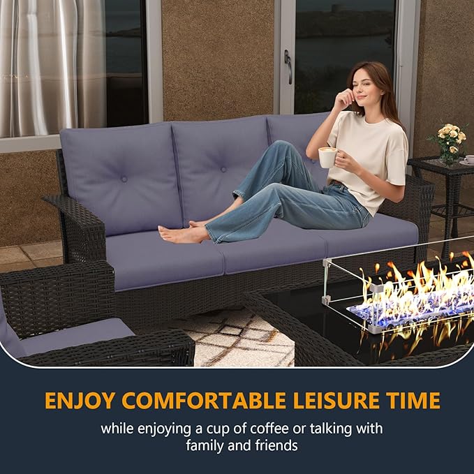 7 Pieces Outdoor Patio Furniture Set with Fire Pit Table, Wicker Patio Sectional Set Conversation Wicker Swivel Chairs with Small Side Table