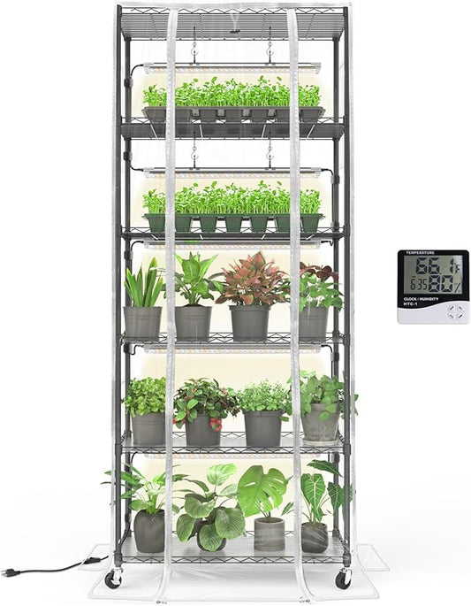 Bstrip Indoor Greenhouse with Grow Light, Mini Green house with 5 Pack T8 Full Spectrum Plant Lights, Plant Shelf with Tent for Indoor Plant, Seed Starting, Seed Tray, 29.5"x13.8"x71"