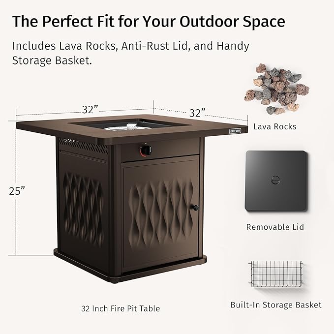 EAST OAK 32" Outdoor Propane Fire Pit Table | 50,000 BTU Gas Fire Pit Table for Outside with Magnetic Lid | Storage Basket & Lava Rocks | CSA Certified for Patio, Garden & Backyard | Brown