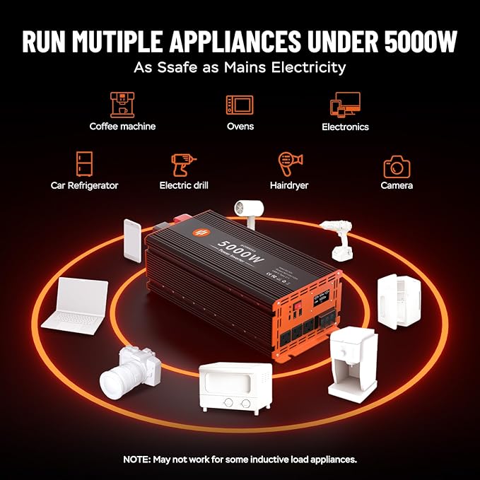 5000 Watt Power Inverter 12V DC to 110V/120V AC Converter Peak Power 10000W Car Inverter with LCD Display 2 AC Outlets USB Port Cables Includ for RV,Truck,Off-Grid Solar System Remote Controller