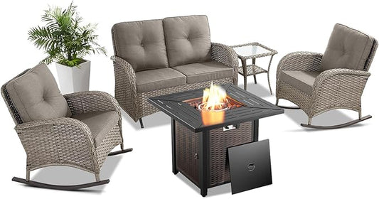 5 Pieces Patio Furniture Set with 50000 BTU Propane Fire Pit Table, All-Weather Patio Rocking Chairs, Loveseat Glider and Side Table for Outdoor Conversation Deck Backyard Poolside