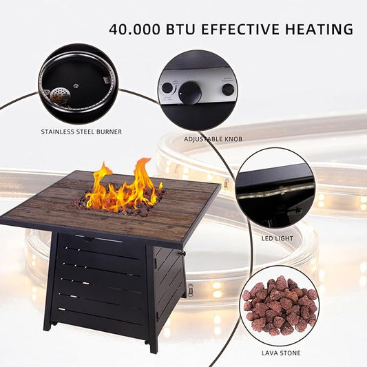Afterglow Outdoor 32" Propane Fire Pit Table, 40000 BTU Firepit w LED Lighting, Weather Resistant Cover and Lava Rocks, Terra Fab Top and Steel Base for Outside Patio Backyard Garden