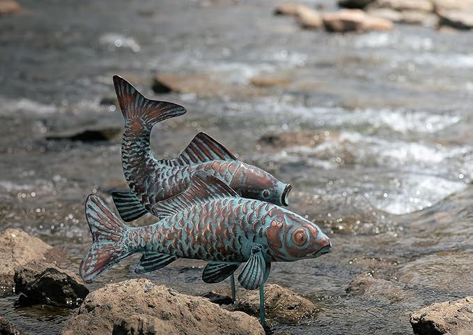 CLYB Metal Koi Fish Sculptures, Outdoor Garden Sculptures & Statues, Antique Copper Koi Pond Decor, Set of 2 Koi Fish Figurines Artwork, Garden Statue for Indoor Outdoor Patio Backyard Home Kitchen