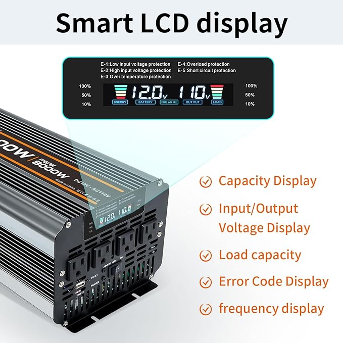 4000w Power Inverter DC 12V to AC 110V/120V Converter with 8000w Peak.Comes with LCD Display, Wireless Controller,4AC outlets 1USB.RV Inverter,Suitable for Camping,and Off-Grid Solar Inverter Systems