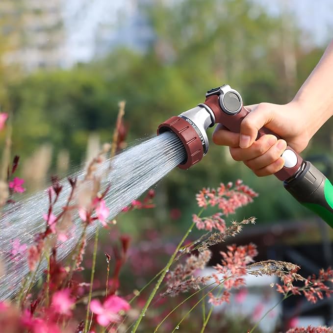 RESTMO Heavy Duty Hose Nozzle, Metal Garden Water Hose Sprayer with 7 Watering Patterns, Thumb Control, On Off Valve, High Pressure Nozzle Sprayer for Watering Plants, Car and Pet Washing, Red