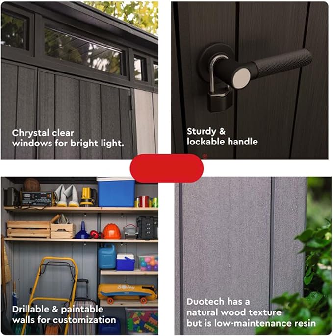 9x7 Ft All-Weather Storage Shed with Skylight,Window,Built-in Ventilation,Walls, & Lockable Double Doors for Patio Furniture Lawn Mower Tools and Bike Storage Lockable