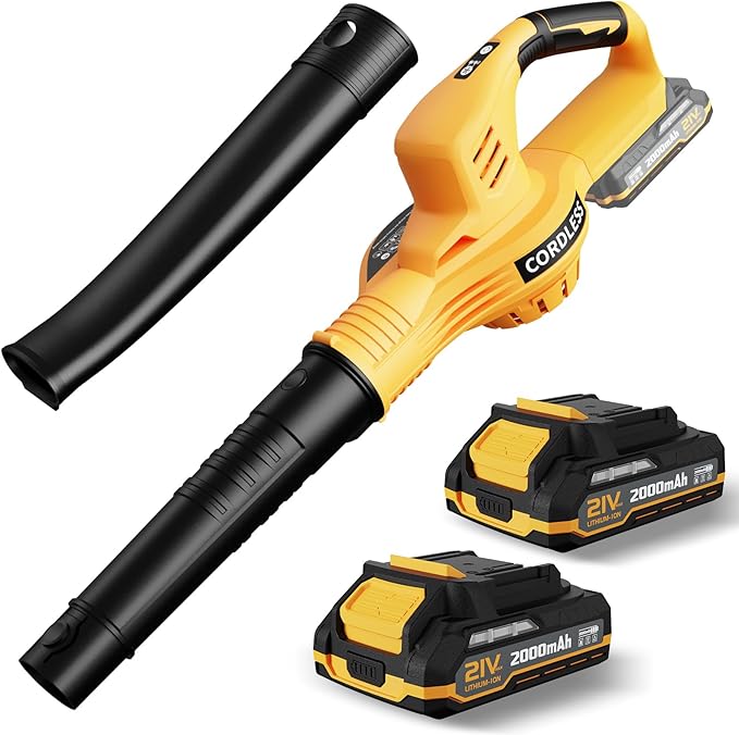 Leaf Blower Cordless with 2 Batteries and Charger, 21V Electric Leaf Blower with 2 Speed Modes, 2.0Ah Lightweight Battery Powered Blowers for Lawn Care, Patio, Blowing Leaves