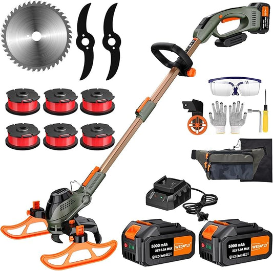 13-Inch String Trimmer Cordless,(2 x 21V 5.0Ah Batteries & Charger), Trimmer/Edger/Lawn Mower/Brush Cutter 4-in-1, Electric Weed Wacker with Auto Rope Spool Feed, 3 Cutting Methods/WEG21T