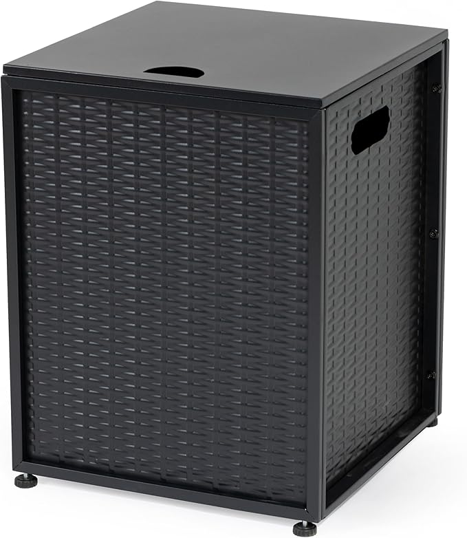 Propane Tank Cover Table for Fire Pits, 20 LB Iron Propane Tank Holder with Side Handles, Outdoor Tank Storage Side Table with Imitation Woven Rattan Surface for Patio, Gas Griddle, Black