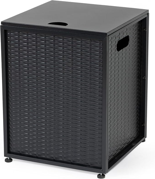 Propane Tank Cover Table for Fire Pits, 20 LB Iron Propane Tank Holder with Side Handles, Outdoor Tank Storage Side Table with Imitation Woven Rattan Surface for Patio, Gas Griddle, Black