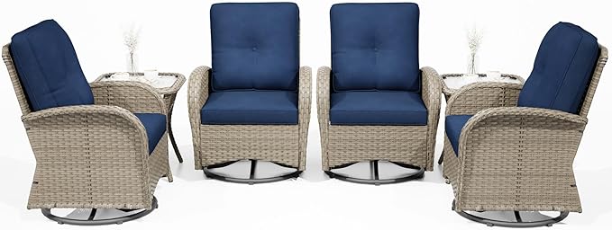 Joyside Outdoor Swivel Rocker Chairs, 6 Piece Wicker Patio Set with Thick Cushion and Side Table, Rattan Patio Swivel Rocking Chairs for Porch, Deck Use (Natural/Blue, 6 PCS)