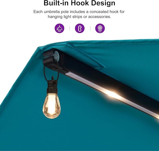 PURPLE LEAF 15ft Patio Market Umbrella with Solar LED and Base Double-Sided Rectangle Outdoor Table Sun Umbrellas with Crank for Pool Beach Deck Backyard Turquoise Blue