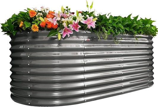 A ANLEOLIFE 30" Extra Tall Galvanized Raised Garden Beds Outdoor, 8x4x2.5ft Oval Metal Planter Boxes for Planting Vegetables, Flowers, Fruits, Eco-Safe & Easy Setup, Quartz Grey