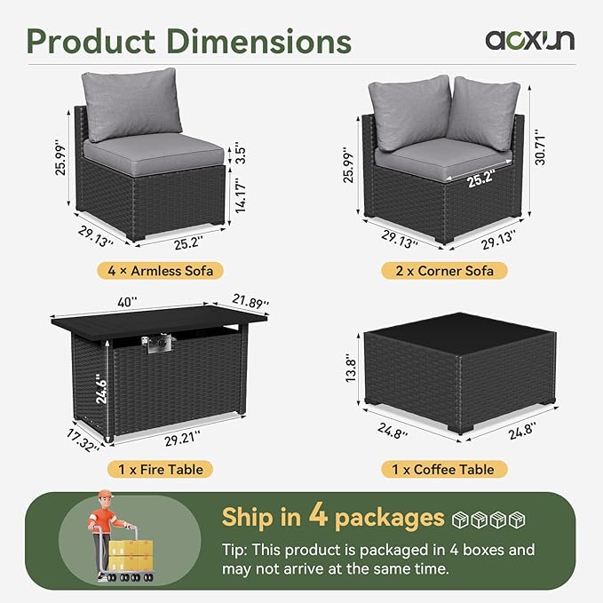 Aoxun 8 Piece Patio Furniture Set with 44” Fire Pit Table Wicker Rattan Patio Sectional Sofa Set Outdoor Seating Furniture with Thickened Cushion, Grey