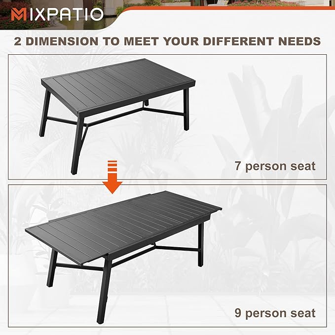 7 Pieces Patio Table and Chairs Set, Patio Dining Set for 6, 6 Textilene Chairs and 1 Expandable Patio Dining Table with Umbrella Hole, for Deck Backyard Lawn Poolside, Brown