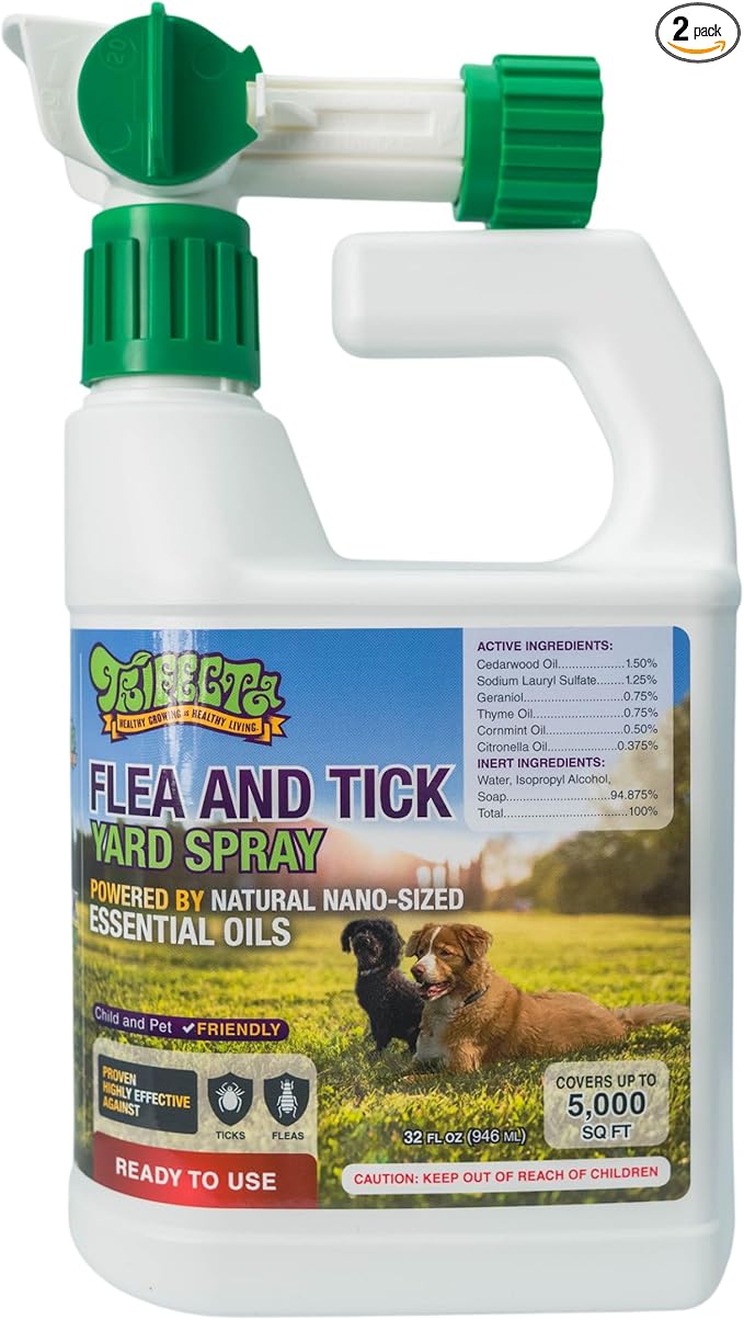 Trifecta Outdoor Flea & Tick Spray for Yards | All Natural Flea and Tick Prevention for Yards with Essential Oils | Pet and Family Safe | Hose-End Sprayer, Ready-To-Use (2 Pack for up to 10,000 Sq Ft)