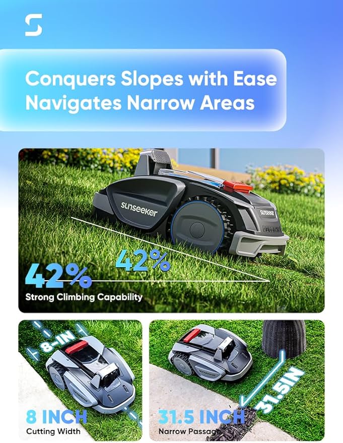 Sunseeker V3 Wireless Robot Lawn Mower 0.15 Acre/ 6,400 Sq. Ft, One-Click Mowing Automatic Lawn Mower, Vision AI Smart Obstacle Avoidance, 42% Slopes, Low Noise, Multi-Zone Navigation, App Control, In