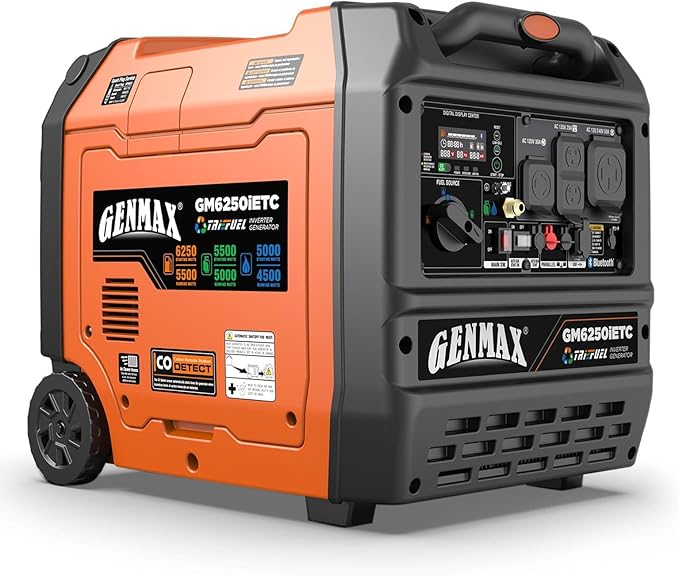 GENMAX 6250w Tri-Fuel Silent Inverter Generator(2026Model)Features 2-Wire Auto Start/Stop,bluetooth APP Control,CO Sensor,Digital Display&50A Outlet-Ideal for Home Backup&Camping Outdoor,EPA Compliant