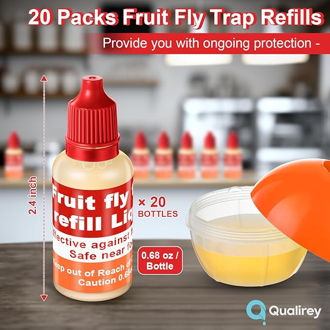 Qualirey 20 Pack Fruit Fly Trap Refill Liquid, 0.68oz/ Bottle Liquid Fruit Fly Traps for Indoors Non Toxic Safe Near Food, Effective Lure Refill for Indoor and Kitchen Use, Red