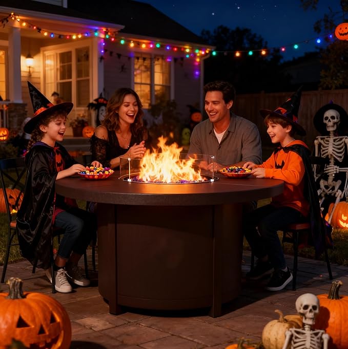 48" Round Propane Fire Pit Table with Lid, 40,000 BTU Outdoor Gas Fire Pits CSA Certified for Outside Steel Tabletop Fire Pit with Blue Glass Rock&Windshield Glass for for Patio, Balcony,Garden