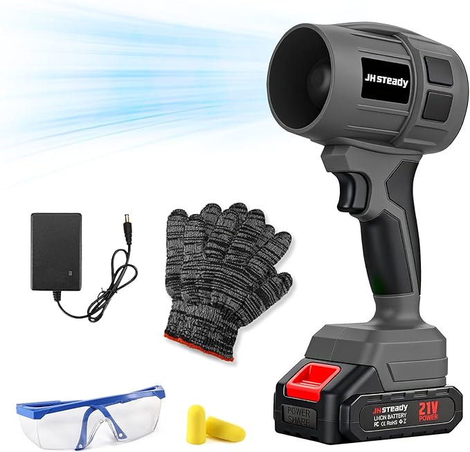 JH Steady 21V Cordless Handheld Leaf Blower - Variable Speed, 30000RPM Powerful Handheld Blower with Rechargeable Battery, Protective Gear for Home, Backyard, Driveway & Snow Removal