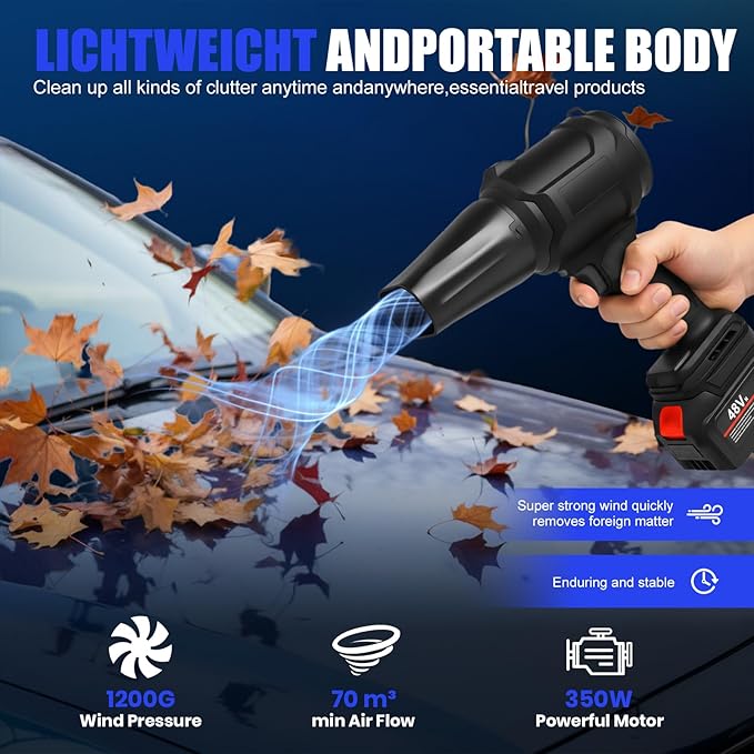 Cordless Leaf Blower, 500000RPM/min Turbo Jet Blower with 2 * 4000mAh Battery, 1200G Thrust 2.8LB Lightweight Handheld Blower for Lawn Care, Home, Car, Garage Cleaning
