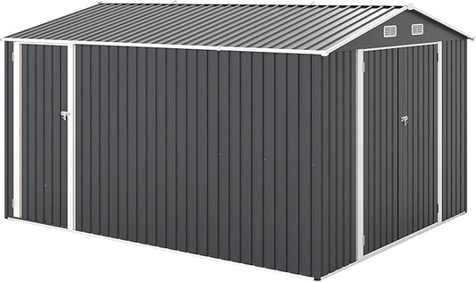 9x11 FT Outdoor Metal Storage Shed with Lockable Door, Steel Garden Utility Shed with Vents, Backyard Patio Tool Shed for Lawn Equipment, Bike, Firewood and Mower Storage, Gray