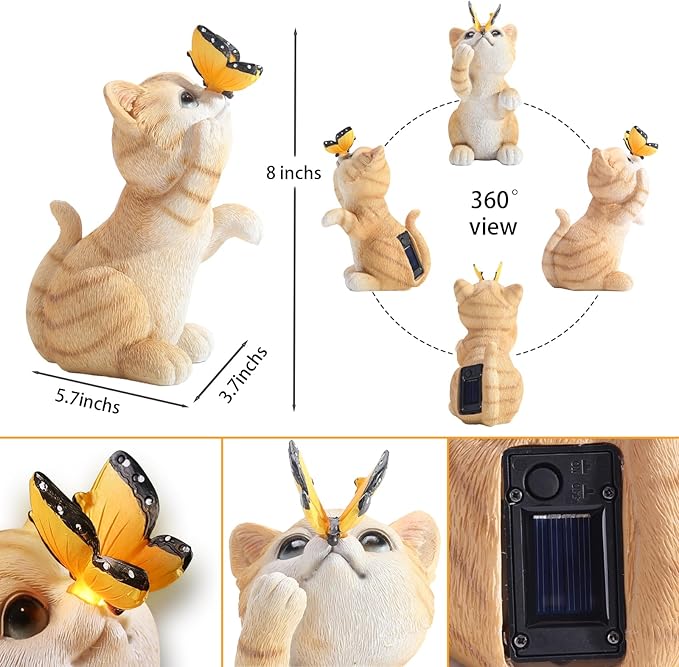 halp·ssfm Solar Garden Statue Cute Cat Figurine Fun Color Changing LED Butterfly Light Outdoor Decor Waterproof Resin Sculpture Patio Lawn Art Housewarming Gifts for Cat Lovers Women