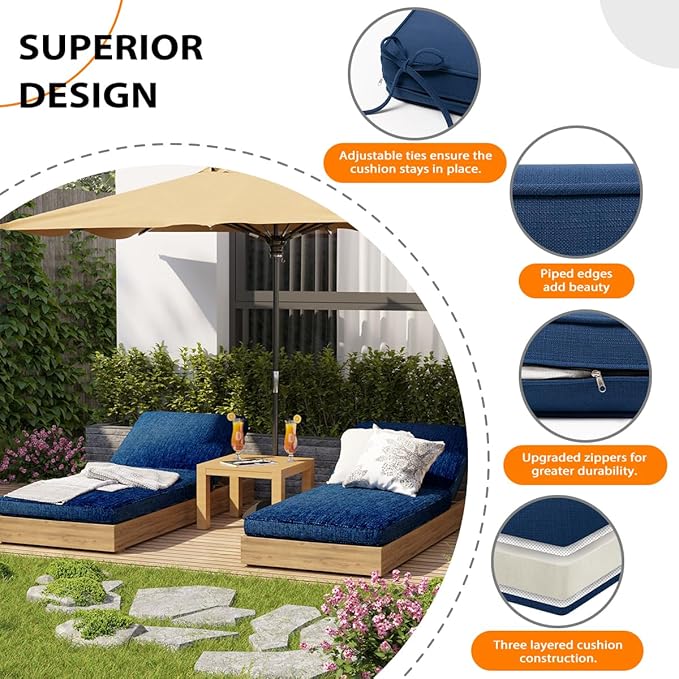 Sundale Outdoor Olefin Chaise Lounge Cushion Set of 2, Water-Resistant Patio Lounge Chair Cushion, Thick Lounger Pad with 4 Straps Dark Blue, 80 x 26 x 4 Inches
