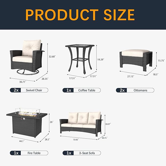 7 Pieces Outdoor Patio Furniture Set with Fire Pit Table, Wicker Patio Sectional Set Conversation Wicker Swivel Chairs with Small Side Table