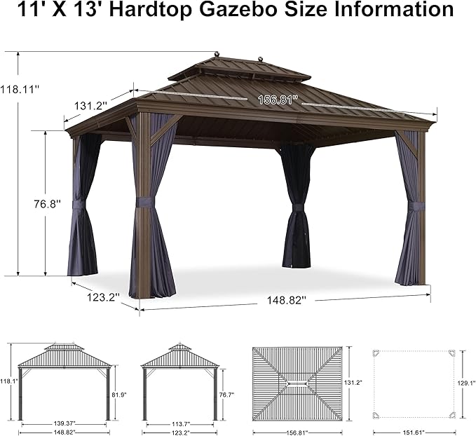 PURPLE LEAF 11' X 13' Outdoor Hardtop Gazebo Patio Wide Aluminum Frame Galvanized Steel Double Roof with Heavy Duty Netting and Curtains for Permanent Hard Top Pavilion Screen, Navy Blue