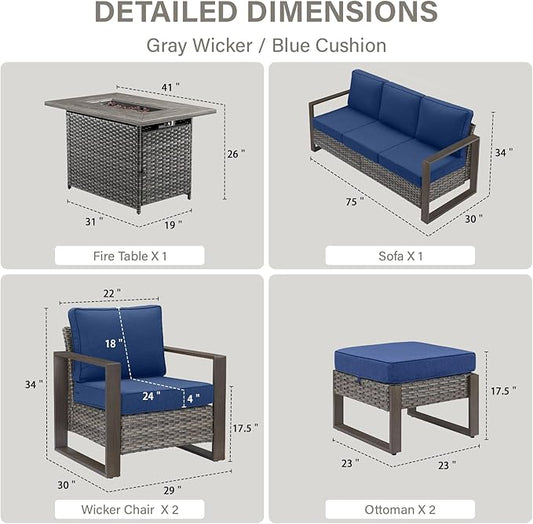 6 Piece Outdoor Patio Furniture Set with Propane Fire Pit Table, Wicker Patio Conversation Set with2 Patio Wicker Chairs Rattan Sofa and Removable 4" Thick Cushions for Deck Backyard