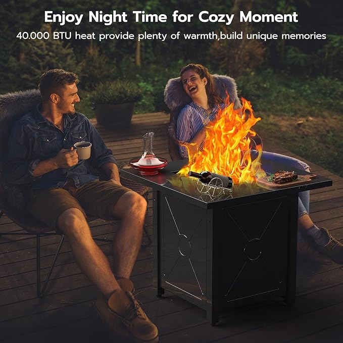 Xbeauty Propane Fire Pit Table, 28" Outdoor Gas Fire Pit Table, 40,000 BTU Auto-Ignition Fire Tables with Lid, Rain Cover and 3 Pounds Lava Stones for Outside Garden Backyard Deck Patio (Square)