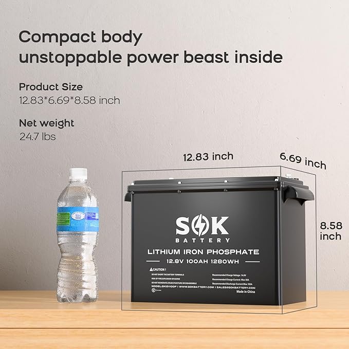 SOK Battery 100Ah 12V 2-Pack LiFePO4 Deep Cycle Lithium Iron Phosphate Batteries - Ideal for RVs & Off-Grid Use with Low-Temperature Protection, ABS Housing, Marine Grade