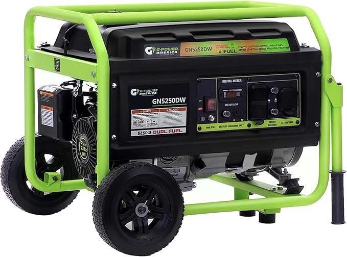 Green-Power America Dual Fuel Portable Generator 5250 Watt Gas or Propane Powered, Manual Recoil Start, 120v and 240v AC output, 12V-8.3A Charging Outlets, Home Back Up & RV Ready