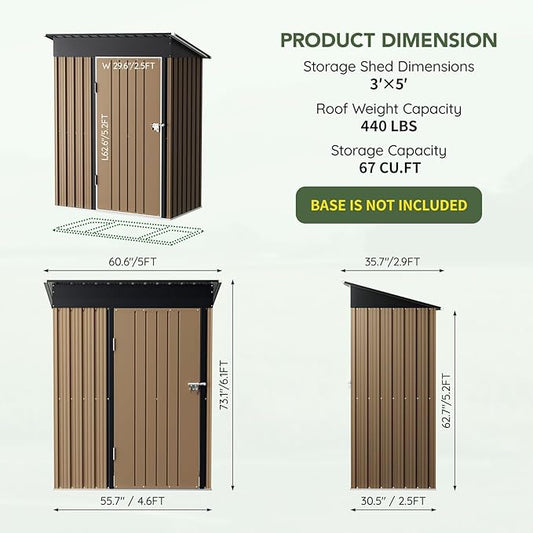 3x5 FT Outdoor Metal Storage Shed, Single Door, 1 Clear Window, Tool Shed for Garden, Patio, Backyard Brown