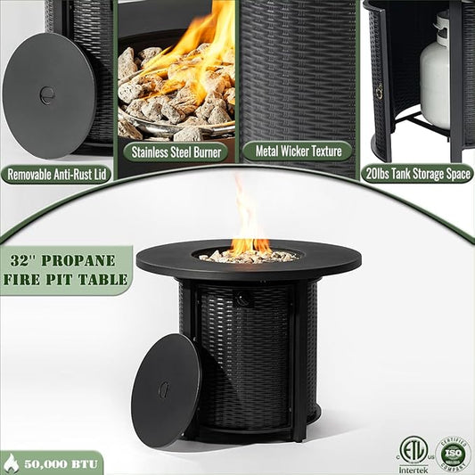 32" Propane Gas Fire Pit Table, 50000 BTU Round Steel Fire Pit Steel Lid & Lava Rock for Outside Patio Deck Garden Courtyard-Black