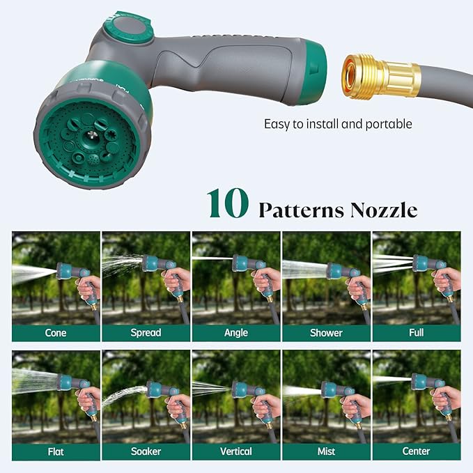 65 ft x 1/2" Retractable Garden Hose Reel, Heavy Duty Water Hose Reel Wall Mounted, Any Length Lock, 180°Swivel, Water Hose with 10-Function Nozzle for Cleaning, Watering (Green)