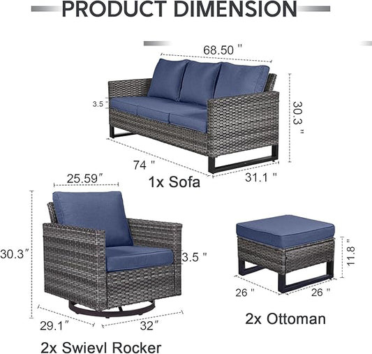 5 Piece Wicker Patio Furniture Set - Outdoor Swivel Rocker Chairs Set with 3 Seat Sofa and Ottomans, Small Patio Conversation Sets Proch Furniture for Balcony Deck - Grey/Blue