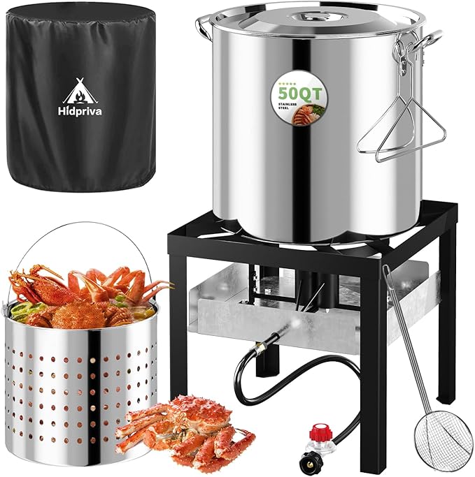 Stainless Steel 50QT Crawfish Boiler Kit, Waterproof Cover & 12-inch Skimmer, 110,000BTU Propane Burner Stove, 0-20PSIG Regulator, Seafood Boil Pot, Crab Boil Pot with 40QT Basket