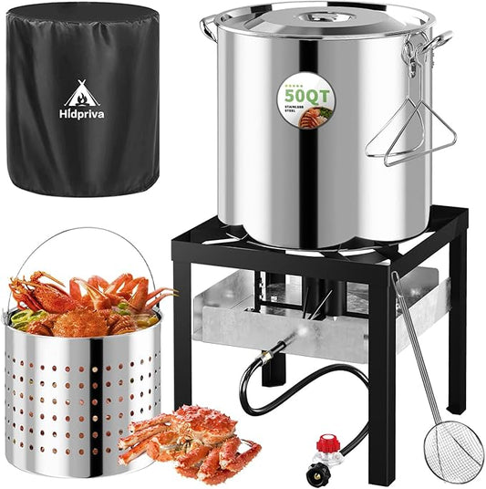 Stainless Steel 50QT Crawfish Boiler Kit, Waterproof Cover & 12-inch Skimmer, 110,000BTU Propane Burner Stove, 0-20PSIG Regulator, Seafood Boil Pot, Crab Boil Pot with 40QT Basket