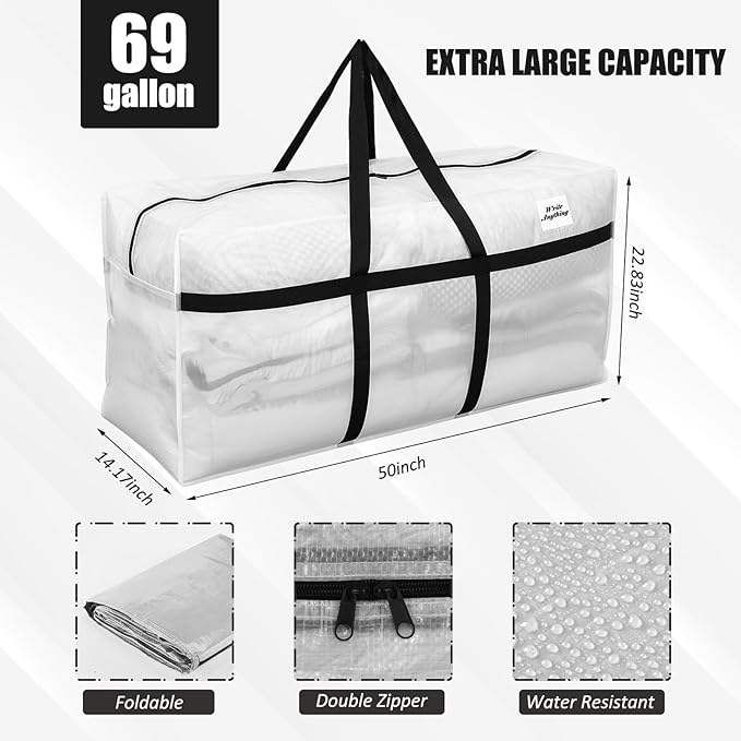 Windyun 4 Pack 69 Gallon Extra Large Storage Bags XXL Moving Bags with Zipper Handle Heavy Duty Jumbo Big Tote Box for Christmas Tree Storage 4, 5, 7.5, 9, 10, 12 ft Skeleton College Dorm(Transparent)
