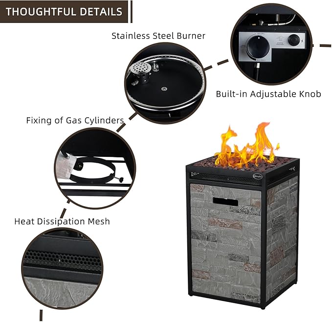 Afterglow Terrafab Grey Panels with Steel Frame 16" Square 40,000 Btu Propane Fire Column Outdoor Wood Effect Fire Pit for Outdoor Patio Garden Backyard Decking Decor CSA Certificated