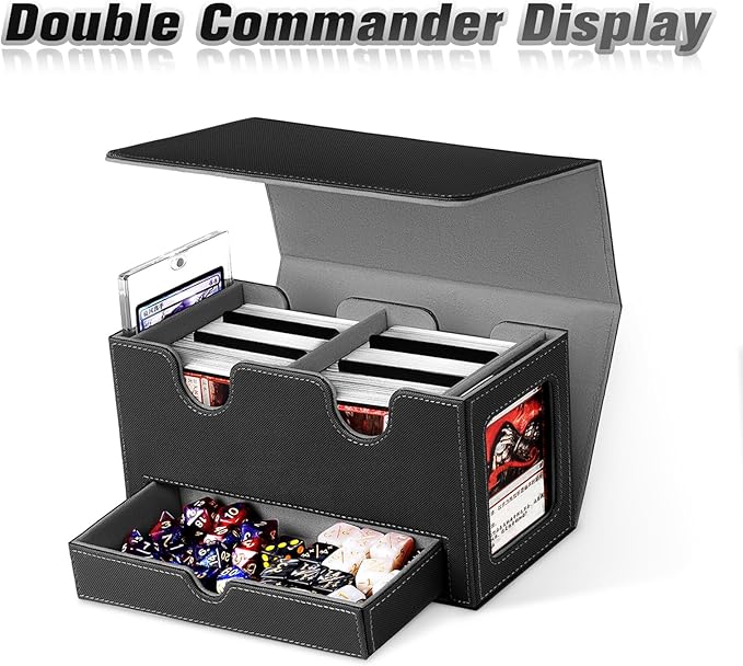 MTG Deck Box with 2 Commander Display,Commder Deck Box Fits 310+ Cards，with Dice Tray,Leather Magnetic,Fits for TCG CCG Magic Cards (Black Gray)