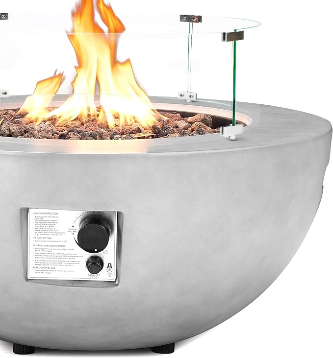 31.5 Inch Round Outdoor Propane Fire Pit Table,50000 BTU Concrete Fire Pit with Glass Wind Guard,CSA Certified,Includes Steel Lid & Weather Cover for Patio,Backyard,Deck Garden