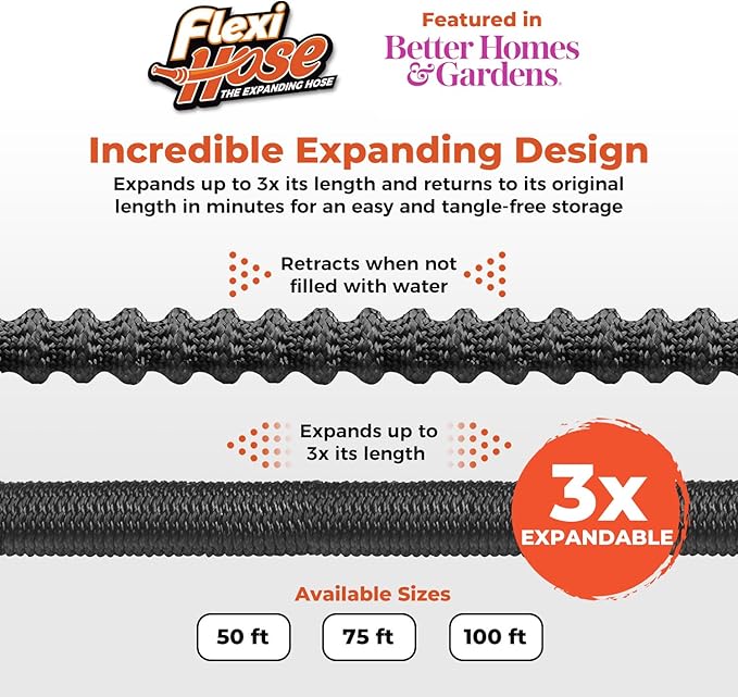 Flexi Hose Lightweight Expandable Garden Hose, 75FT -Retractable Garden Hose, Water Hose - No-Kink Flexibility, 3/4 Inch Solid Brass Fittings and Double Latex Core