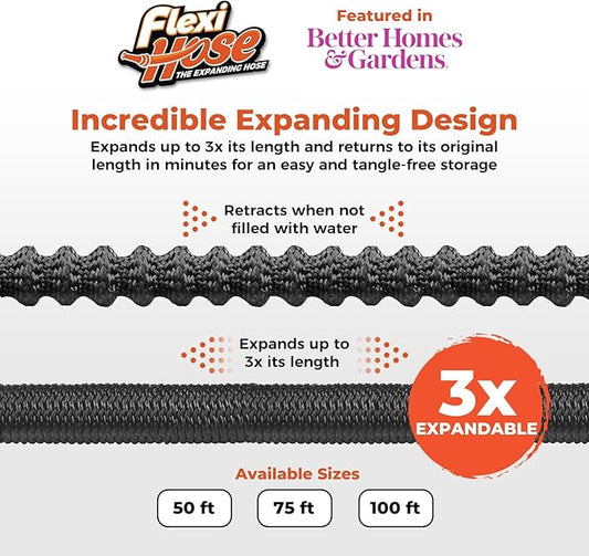 Flexi Hose Lightweight Expandable Garden Hose, 75FT -Retractable Garden Hose, Water Hose - No-Kink Flexibility, 3/4 Inch Solid Brass Fittings and Double Latex Core