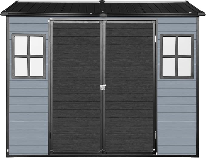 8x4FT Resin Outdoor Storage Shed with Floor and 2 Windows,Waterproof Plastic Sheds with Lockable Doors,Outside Garden Tools Sheds for Backyard Patio,Gay+Black